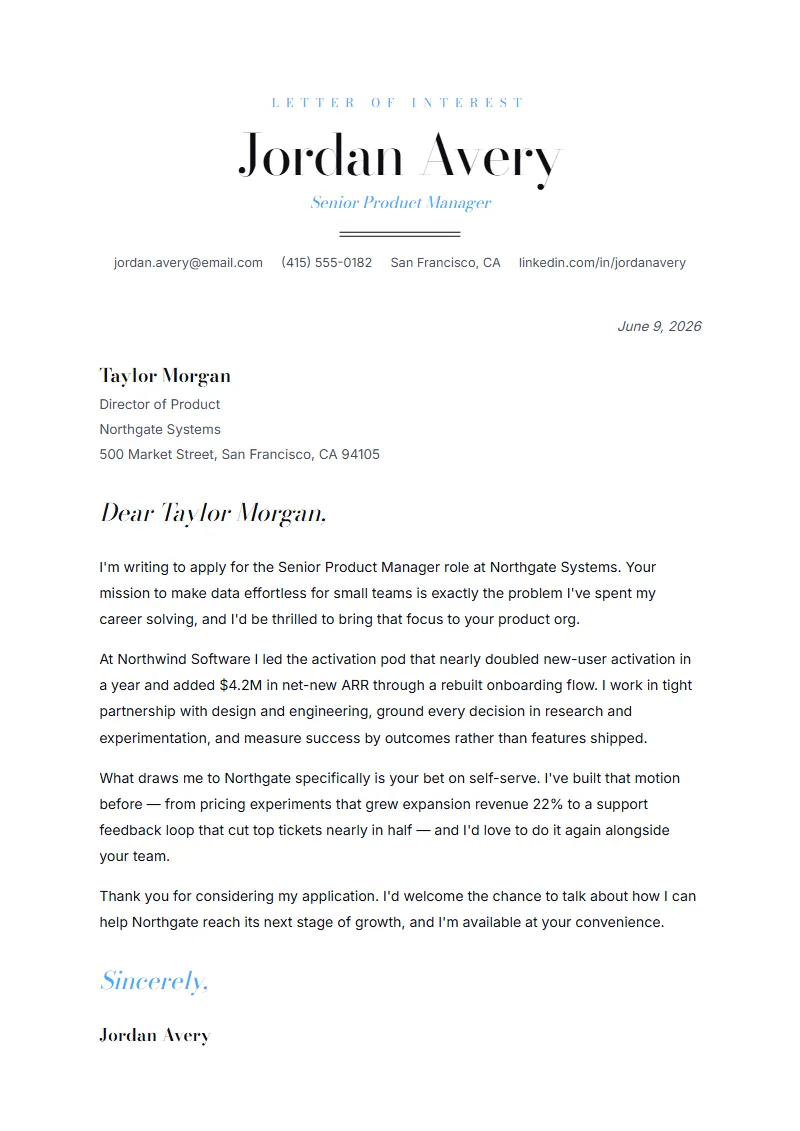 Marquee cover letter preview