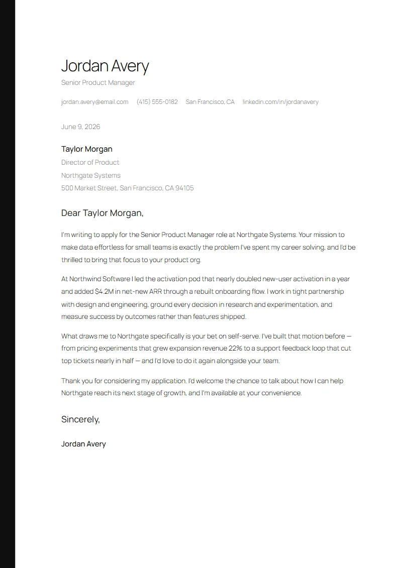 Sliver cover letter preview